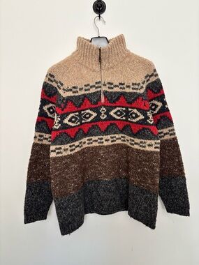 Vintage Marlboro Tan, Red & Charcoal Zip-Up Fair Isle Sweater